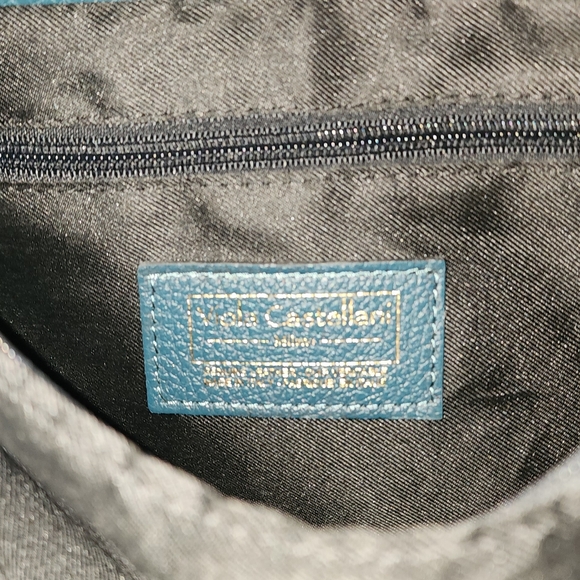 Viola Castellani Genuine Leather Handbag Blue Teal w Chunky Chain Accent - Picture 10 of 10